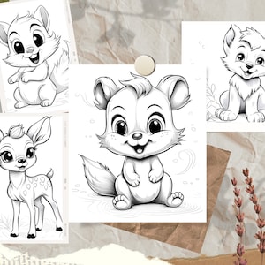 45 Cute Little Forest Animals Coloring Book - Adults Kids Coloring Pages, Instant Download, Grayscale Coloring Book, Printable PDF File