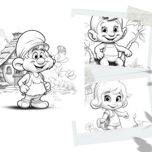 20 Cute Smurfs Coloring Book - Adults Kids Coloring Pages, Instant Download, Grayscale Coloring Book, Printable PDF File