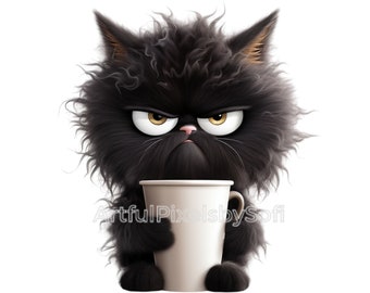 Grumpy Coffe Cat Clipart,  10 Designs, 406 DPI, Printable,No Background, Commercial Use, Royalty Free