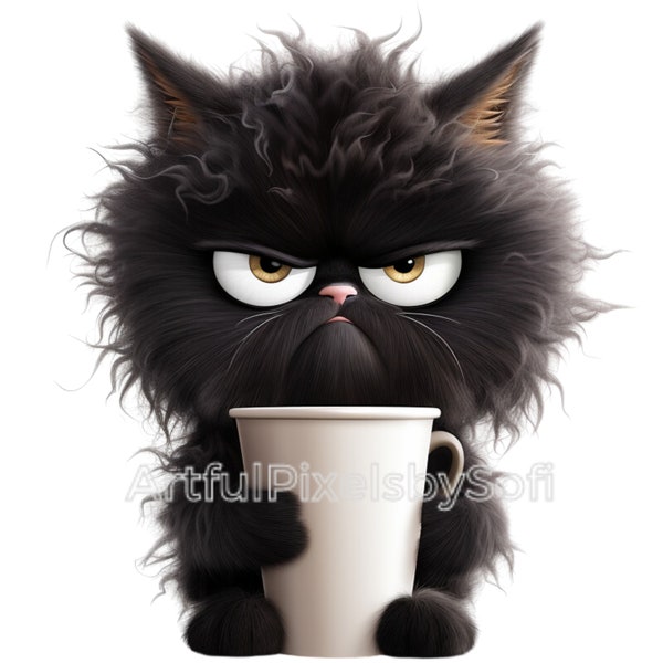 Grumpy Coffe Cat Clipart,  10 Designs, 406 DPI, Printable,No Background, Commercial Use, Royalty Free