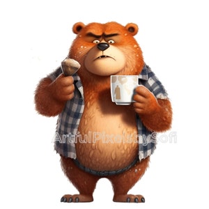 May include: A grumpy cartoon bear with brown fur, wearing a blue and white plaid shirt, holds a coffee cup and a pastry. The cup has a brown design. The bear has an angry expression.