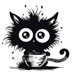 6 cliparts fous et drôles de chat café, 6 modèles, 406 ppp, imprimable, sans arrière-plan, usage commercial, libre de droits