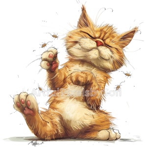 10 cliparts drôles de chat aux puces, 10 modèles, 406 ppp, imprimable, sans arrière-plan, usage commercial, libre de droits. Imprimez et créez