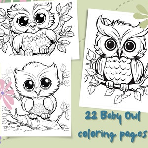 22 Pages Baby Owl Coloring Book - Adults Kids Coloring Pages, Instant Download, Grayscale Coloring Book, Printable PDF File