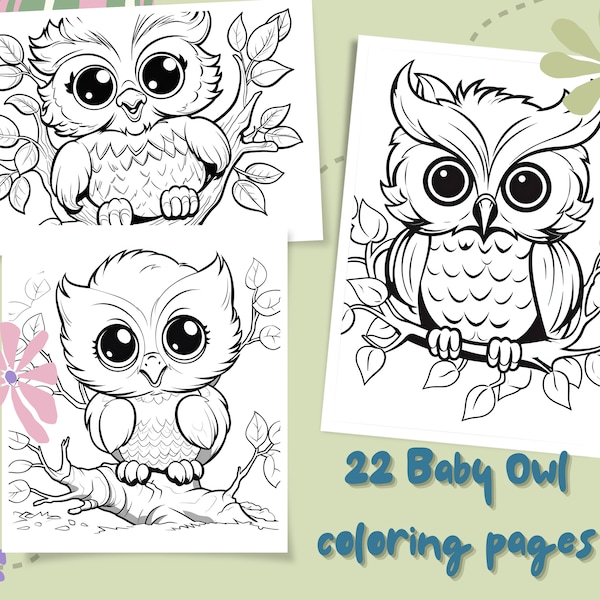 22 Pages Baby Owl Coloring Book - Adults Kids Coloring Pages, Instant Download, Grayscale Coloring Book, Printable PDF File