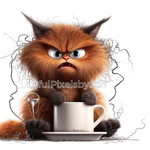 May include: A cartoon illustration of an angry, fluffy orange cat with blue eyes, holding a white coffee cup and saucer. The cat has a grumpy expression and is surrounded by stylized lines. The image has the text "ArtfulPixelsbySofi".