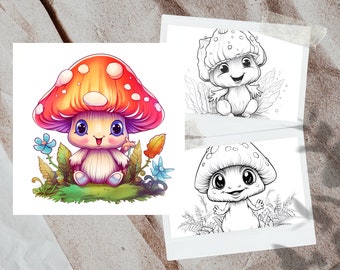 12 Pages Fairy Mushroom Creatures Coloring Book - Adults Kids Coloring Pages, Instant Download, Grayscale Coloring Book, Printable PDF File