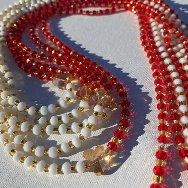 Red & Gold Butterfly Permanent Waist Beads / Tie On / Cotton Cloth / African Waist Beads / Glass Beads