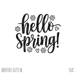 May include: Black and white graphic design with the text "hello spring!" in a handwritten font. The text is surrounded by small flower and heart illustrations.