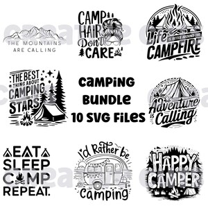 Lot de 8 SVG camping, camping Svg, campeur Svg, vie de camp Svg, camping signe Svg, Svg été, aventure, Svg feu de camp, camping couper des fichiers