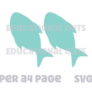Könnte beinhalten: Zwei Silhouetten von tealblauen Fischen, nebeneinander, in die gleiche Richtung blickend. Der Text "2 per a4 page SVG" befindet sich unter den Fischen.