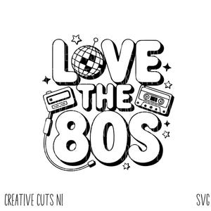 Könnte beinhalten: Schwarzweißes Grafikdesign mit dem Text "Love the 80s" in einer Retro-Schriftart. Das Design enthält eine Discokugel, ein Kassettenband und einen Ghettoblaster.