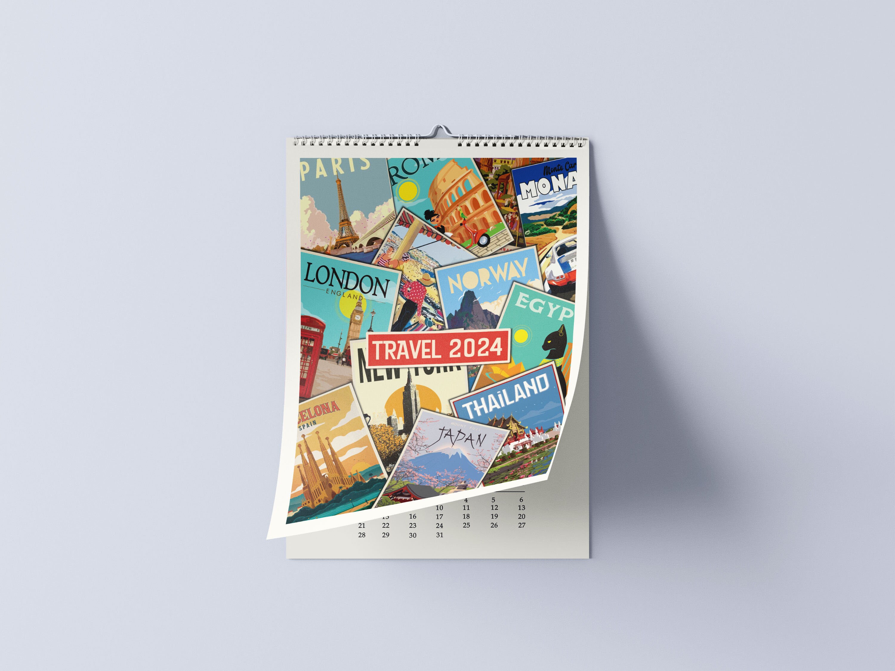 Travel Wall Calendar 2024 Travel Destinations Poster Design Vintage