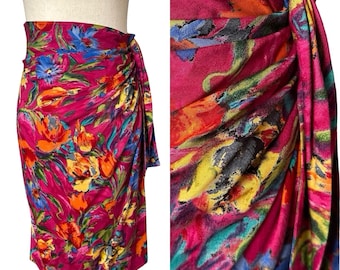 Emanuel Ungaro Vtg 80s Faux Wrap Skirt Sz 4 Red Multicolor Floral Ruched Altered