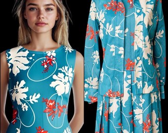 Vtg 70's Flower Power 2 pc Dress Set Womens Small Blue Floral Pleated Drop Waist