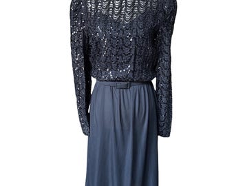 Vtg 80s Sequins Sheer Belted Dress Sz 10 Black Goth Wednesday Addams Camisole