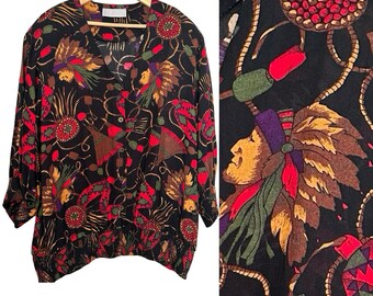 Vtg Oversized Blouse Native American Chief Print & Tribal Motif Plus Sz 18 Multi