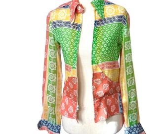 Vtg 60s Semi Sheer Paper Thin Patchwork Print Cropped Jacket Size XS Boho Hippie