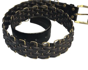 Vtg Saks Fifth Avenue Leather Belt Sz 36 Black Brass Buckle Metal Accents 33-37"