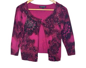Express Y2K Dark Fairy Goth Cardigan Womens XS Pink Grunge Floral Sequin Cropped