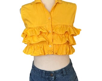 Y2K 90s Gitano Mustard Yellow Ruffle Crop Button-Front Top Size M runs small #croptop