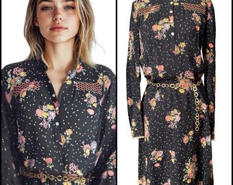 Jody T Of Ca. Rustic Prairie Cottagecore Dress Sz Small Black Floral Whimsigoth