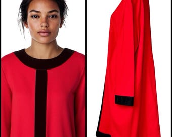 Evan Picone Vintage 90s Does 60s Midi Swing Dress Plus Size 20W Holiday Red Worsted Wool Black Velvet Trim Mrs. Santa Claus USA