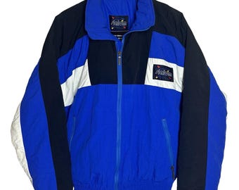 Vtg 80s Slalom Goose Down Jacket Mens Medium Blue Black White USA Ski Snowboard