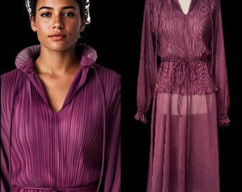 Vtg 70s Discovery Fashions Dress Womens 10 Purple Sheer Knife Pleats Fairy Flowy
