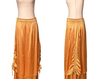 Vtg Y2K Shiny Liquid Gold Layered Maxi Skirt Women's XL Lined Ruched Sides Retro