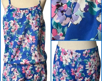 Vtg 70s Windmills 2 pc Swimwear Swimsuit Womens Small Blue Floral Tankini Shorts