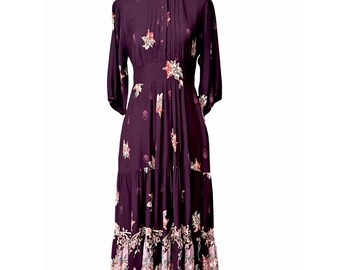 Vtg Prairie Midi Dress Sz Small Burgundy Floral Boho Peasant Pockets Union Label