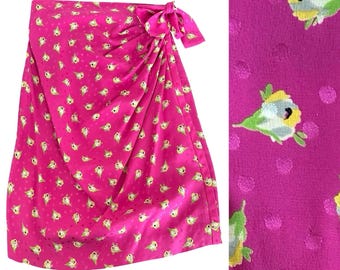 Emanuel Ungaro Vtg 80s Faux Wrap Skirt 6 Pink Floral Ruched Altered Runs Small