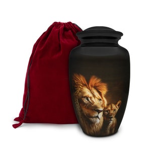 Lion&#39;s Pride Cremation Urn for Human Ashes - Handmade Cremation Urn - Adult Burial Urn - Velvet Bag for Urn and for Ashes Included