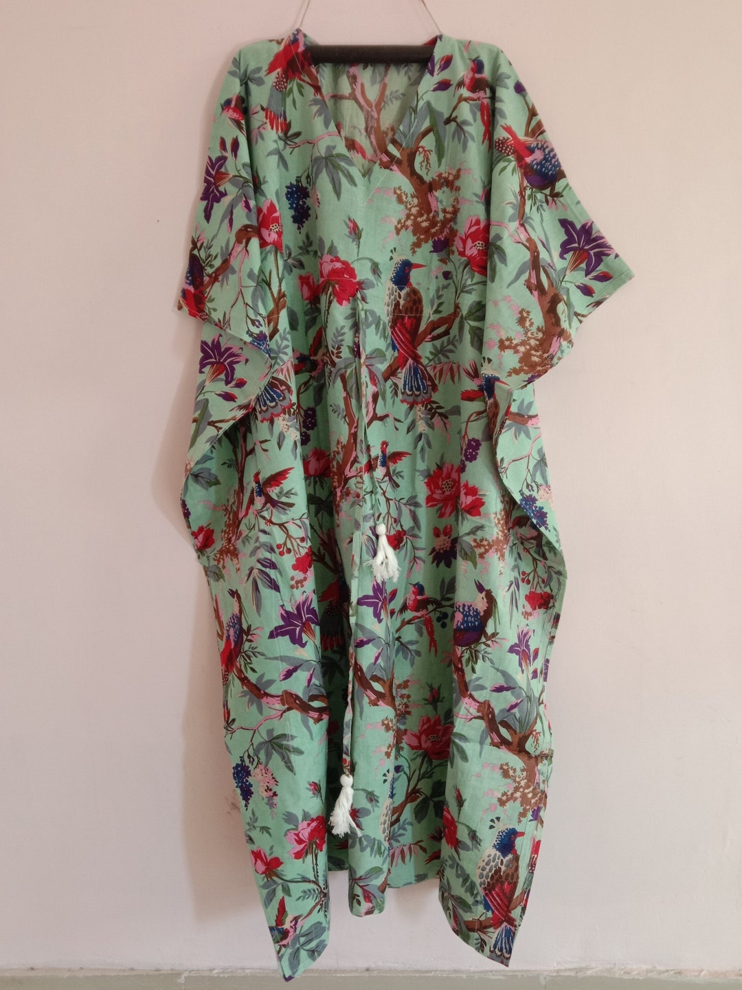 Harmony Bird Print Long Kaftan Dress With Side Slits - Blue & Multicolor Beach Cover Up