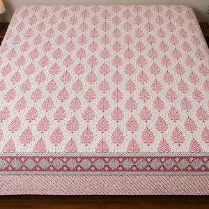 Pink Leaf Print Hand Block Print Kantha Quilt Twin, Queen, King Size Handmade Cotton Bedspread Coverlet Boho Bedding Throw