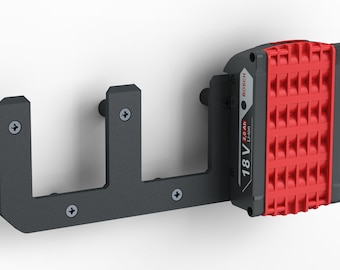 May include: A black wall mount with two hooks for hanging tools. A red Bosch 18V 2.0Ah Li-ion battery is attached to the mount.