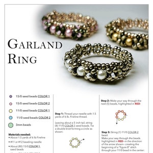 Könnte beinhalten: Eine Schritt-für-Schritt-Anleitung zum Herstellen eines Perlen-Girlandenrings. Die Anleitung enthält eine Liste der benötigten Materialien, wie z. B. Perlen in verschiedenen Farben und Größen sowie eine Perlennadel. Die Schritte werden durch Diagramme veranschaulicht, die zeigen, wie die Perlen aufgereiht und der Ring hergestellt wird.
