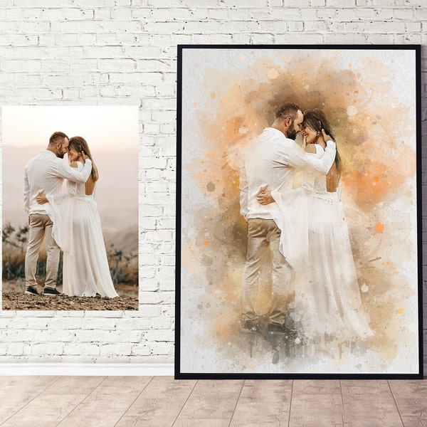 Painting from Photo, Watercolor Custom Couple Portrait, Personalized Artwork on Canvas, Gift for Wedding Anniversary Engagement,Mother's Day
