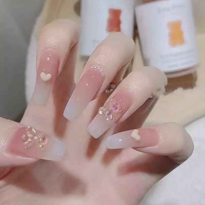Cute Y2k Crystal Bear Press on Nails Harajuku Pink Ombre - Etsy Canada