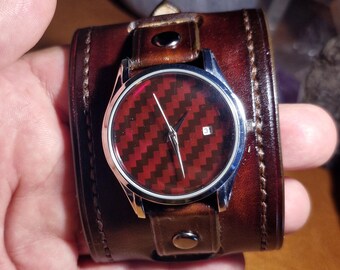 Handcrafted Leather Steampunk Wristwatch, Leather Cuff Watch, my creation of a handmade leather strap with a handmade Red Carbon Holo dial.
