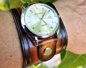 Handcrafted Leather Steampunk Wristwatch, Leather Cuff Watch,  Made with meticulous care and high quality vegetable tanned leather