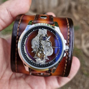 Handcrafted Leather Steampunk Wristwatch, Leather Cuff Watch, my creation of a handmade leather strap with a Skeleton Style dial.