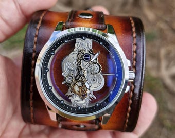 Handcrafted Leather Steampunk Wristwatch, Leather Cuff Watch, my creation of a handmade leather strap with a Skeleton Style dial.