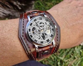 One of a Kind, Steampunk Leather Watch, Skeleton Wristwatch, Made of High-Quality Vegetable-Tanned Leather Hand-Dyed, Stitched, and Engraved