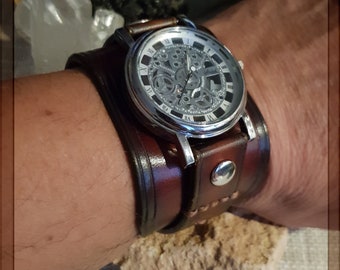 Steampunk Leather Cuff Watch, Skeleton Dial, Vegetable-Tanned Spanish Leather, Hand-Dyed Bracelet
