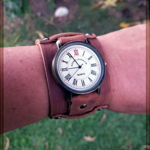Handcrafted Leather Steampunk Wristwatch, Leather Cuff Watch,  Made with high quality Soft Brown Leather: Vintage Design