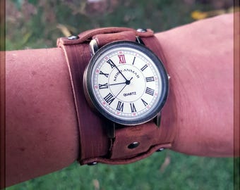Handcrafted Leather Steampunk Wristwatch, Leather Cuff Watch,  Made with high quality Soft Brown Leather: Vintage Design