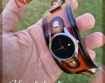Handcrafted Leather Steampunk Wristwatch, Leather Cuff Watch,  Made with meticulous care and high quality vegetable tanned leather