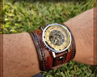 One of a Kind, Steampunk Leather Watch, Skeleton Wristwatch, Made of High-Quality Vegetable-Tanned Leather Hand-Dyed, Stitched, and Engraved